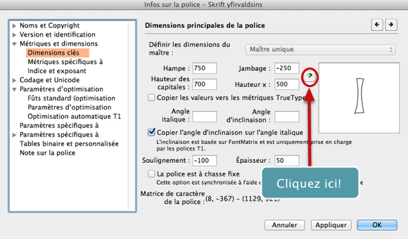 Grand classique, un problème d'interlignage (espacements entre lignes) trop étroit, peut être réglé depuis la fenêtre Font Info (menu Fichier) > Key dimensions