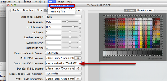 Allez dans le menu Profil et choississez Profil de scanner à partir du menu déroulant