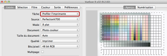 Mettez ce print dans votre scanner, dans l'onglet "Entrée", dans le menu "Tâche" sélectionnez "Profiler l'imprimante"