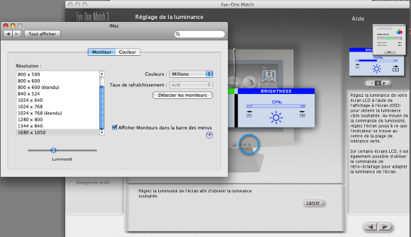 Ensuite le réglage de la luminance. Pour les iMacs, il faut la régler via la préférence système Moniteur, sinon via l'interface matérielle du moniteur