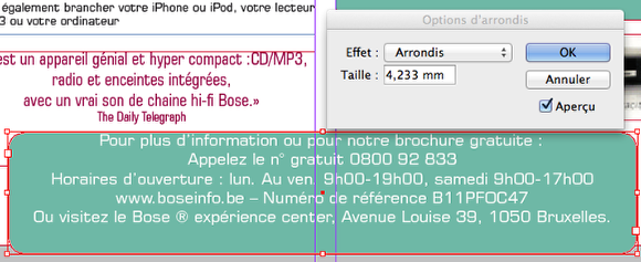 Puis il faut coloriser le bloc (palette couleur, C65 M0 Y40 K0) et arrondir ses angles depuis le menu Objet > Options d'arrondis