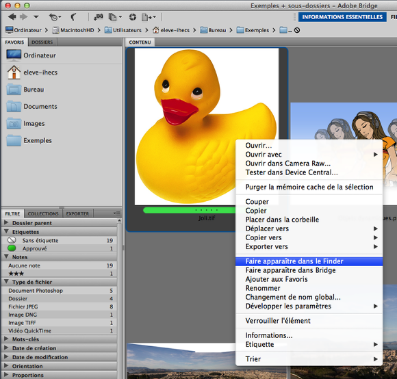 Ou encore révéler une image sélectionnée depuis Bridge dans le finder, la renommer, la jeter...