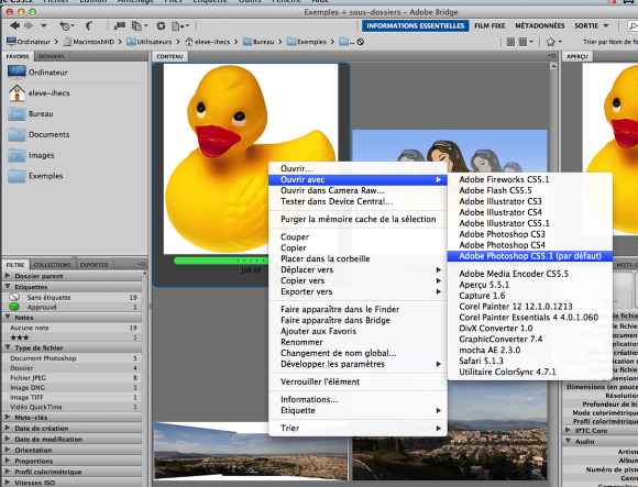 À partir de Bridge, vous pouvez ouvrir tous les types d’images dans les programmes que vous voulez soit à partir du clic droit ou de contrôle-clic